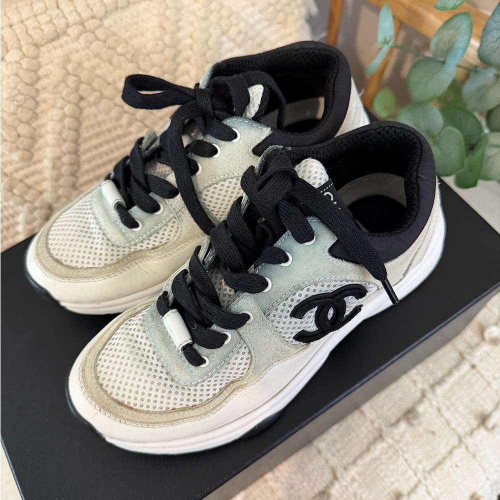 CHANEL Black and White Suede Sneakers